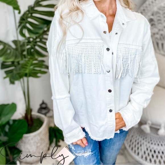 Veveret White Fringe Rhinestone Denim Tassel Jacket Size Large - Picture 7 of 16